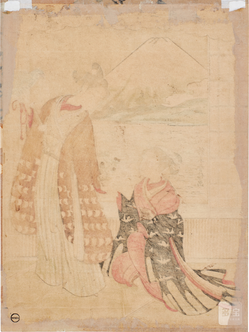 Suzuki Harunobu (1725-1770) | Young couple with auspicious New Year dream symbols: Mount Fuji, falcon, and aubergine | Edo period, 18th century - 图2